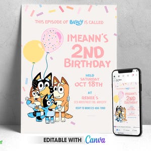 Editable Bluey Invitation Girl Template, Girl&#39;s Blue Dog Birthday Invite, Instant Access