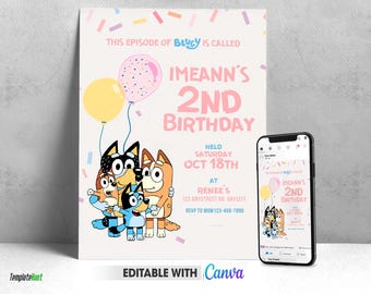 Editable Bluey Invitation Girl Template, Girl's Blue Dog Birthday Invite, Instant Access
