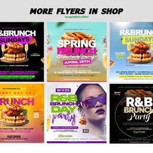 K&ouml;nnte beinhalten: Sechs bunte Flyer, die Brunch-Veranstaltungen bewerben. Die Flyer zeigen Bilder von Waffeln, Brath&auml;hnchen und Cocktails. Der Text auf den Flyern enth&auml;lt die Daten, Uhrzeiten und Orte der Veranstaltungen. Die Flyer sind so gestaltet, dass sie Aufmerksamkeit erregen und die Veranstaltungen bewerben.