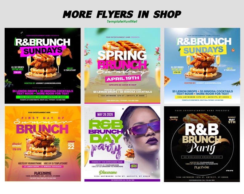 K&ouml;nnte beinhalten: Sechs bunte Flyer, die Brunch-Veranstaltungen bewerben. Die Flyer zeigen Bilder von Waffeln, Brath&auml;hnchen und Cocktails. Der Text auf den Flyern enth&auml;lt die Daten, Uhrzeiten und Orte der Veranstaltungen. Die Flyer sind so gestaltet, dass sie Aufmerksamkeit erregen und die Veranstaltungen bewerben.