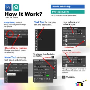 K&ouml;nnte beinhalten: Ein Screenshot eines Tutorials zur Verwendung der Werkzeuge Auto-Auswahl, Text und Verschieben in Adobe Photoshop. Das Tutorial zeigt, wie man Objekte in der Gr&ouml;&szlig;e ver&auml;ndert, die Schriftgr&ouml;&szlig;e und -farbe &auml;ndert und Objekte auf der Leinwand verschiebt.
