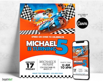 Editable Kids Birthday Invitation, Racing Car Birthday Invitation Template, Wheels Birthday Invites