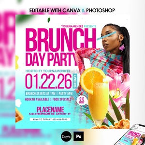 K&ouml;nnte beinhalten: Ein farbenfroher Flyer f&uuml;r eine Brunch-Party am Sonntag, den 22. Januar 2026. Der Flyer zeigt eine Frau in einem Batik-Shirt, ein Glas Orangensaft und Blumen. Der Text auf dem Flyer lautet "BRUNCH DAY PARTY", "HOSTED BY YOURNAMERHERE", "01.22.26", "BRUNCH STARTS AT 1PM | PARTY 5PM", "HOOKAH AVAILABLE | FOOD SPECIALS", "PLACENAME", "1234 STREETNAME RD. ANYCITY, ST", "RSVP TO TIFFANY: 123-456-7890", "15&euro; EINTRITT".