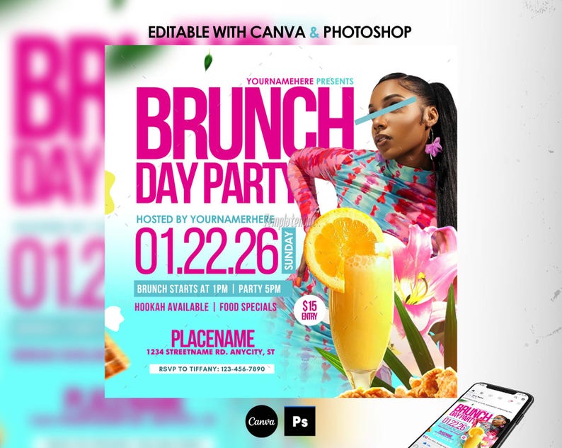 K&ouml;nnte beinhalten: Ein farbenfroher Flyer f&uuml;r eine Brunch-Party am Sonntag, den 22. Januar 2026. Der Flyer zeigt eine Frau in einem Batik-Shirt, ein Glas Orangensaft und Blumen. Der Text auf dem Flyer lautet "BRUNCH DAY PARTY", "HOSTED BY YOURNAMERHERE", "01.22.26", "BRUNCH STARTS AT 1PM | PARTY 5PM", "HOOKAH AVAILABLE | FOOD SPECIALS", "PLACENAME", "1234 STREETNAME RD. ANYCITY, ST", "RSVP TO TIFFANY: 123-456-7890", "15&euro; EINTRITT".
