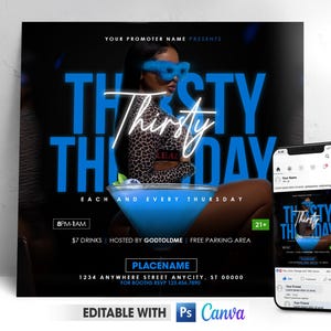 Può includere: Un volantino per una festa chiamata "Thirsty Thursday" con uno schema di colori blu e bianco. Il volantino presenta una donna con una camicetta leopardata e occhiali da sole blu. Il testo sul volantino dice "Ogni giovedì" e "8PM-1AM".