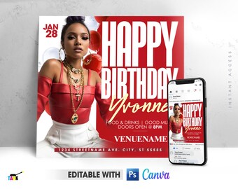 Faire-part d'anniversaire modifiable blanc et rouge, flyer d'anniversaire vidéo