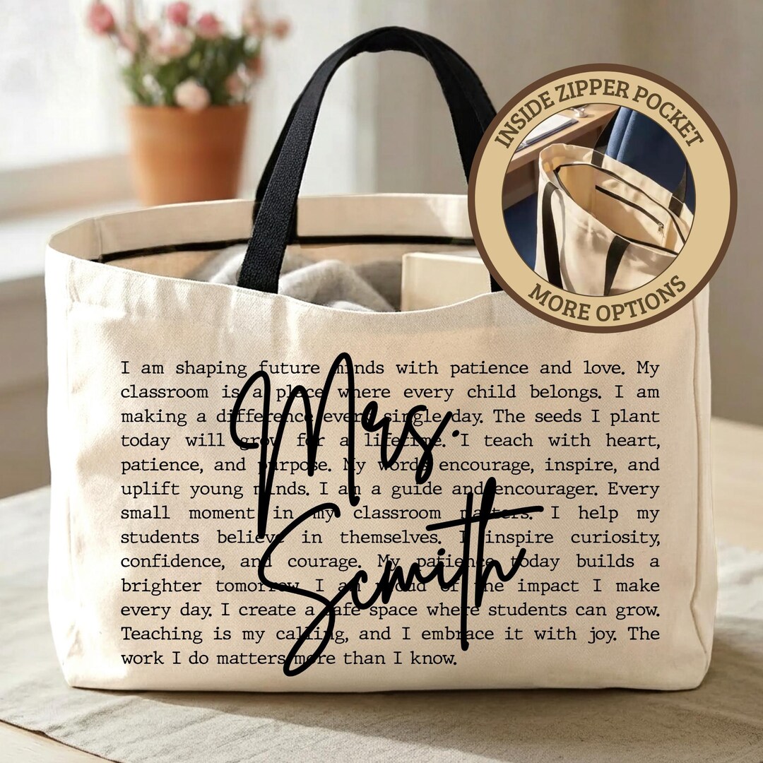 Personalized Teacher Canvas Affirmation Tote Bag With Zipper, Custom ...