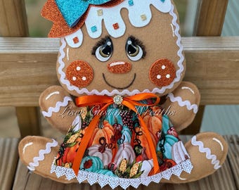 MADE TO ORDER***Fall Gingerbread Girl Plush | Pumpkin Dress Gingerbread Decor | Autumn Gingerbread Door Hanger | Cute Fall Tiered Tray Plush