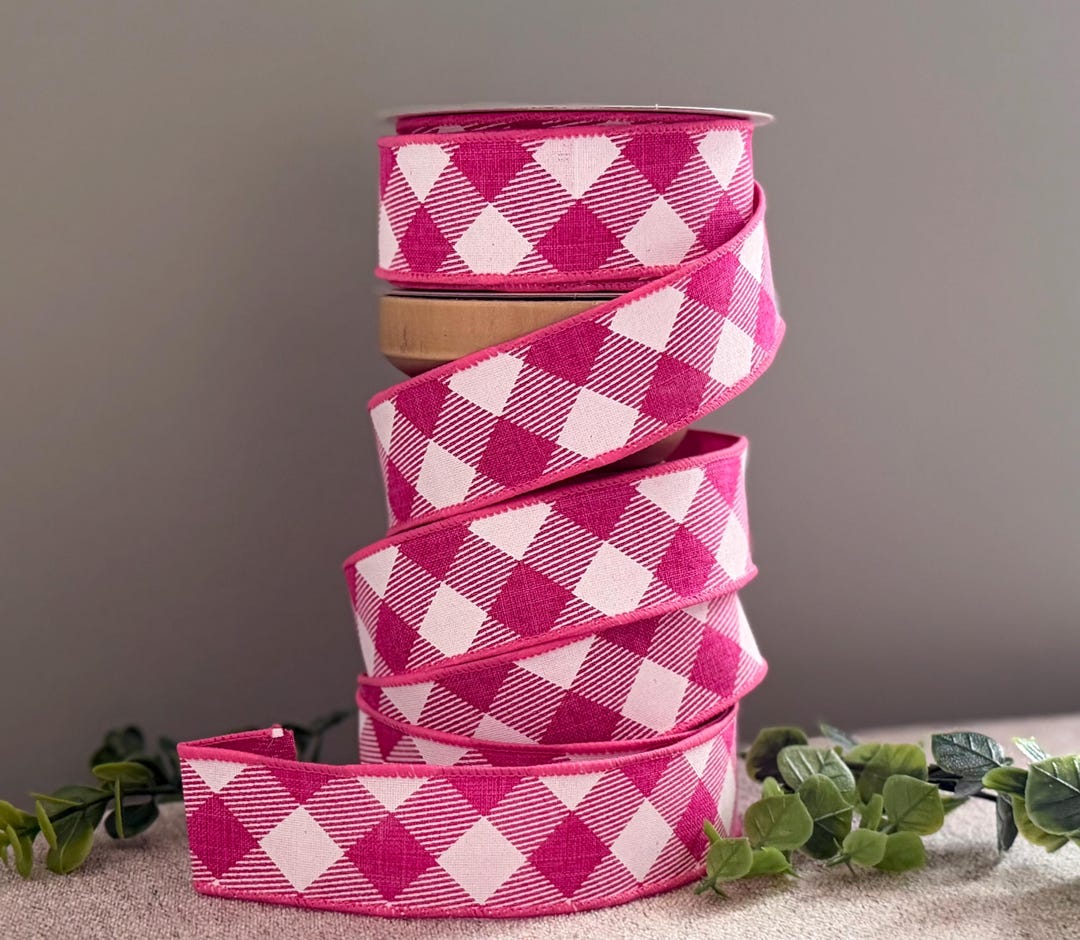1.5” Pink Diagonal Check Ribbon – 10 Yards, Wired Ribbon for Wreaths ...