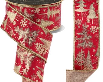 Delux Ribbon 2.5&quot; Foil Tree Red and Gold Ribbon, Ribbon for crafting, Ribbon for wreath, Ribbon for bow, Christmas Ribbon, Delux Ribbon