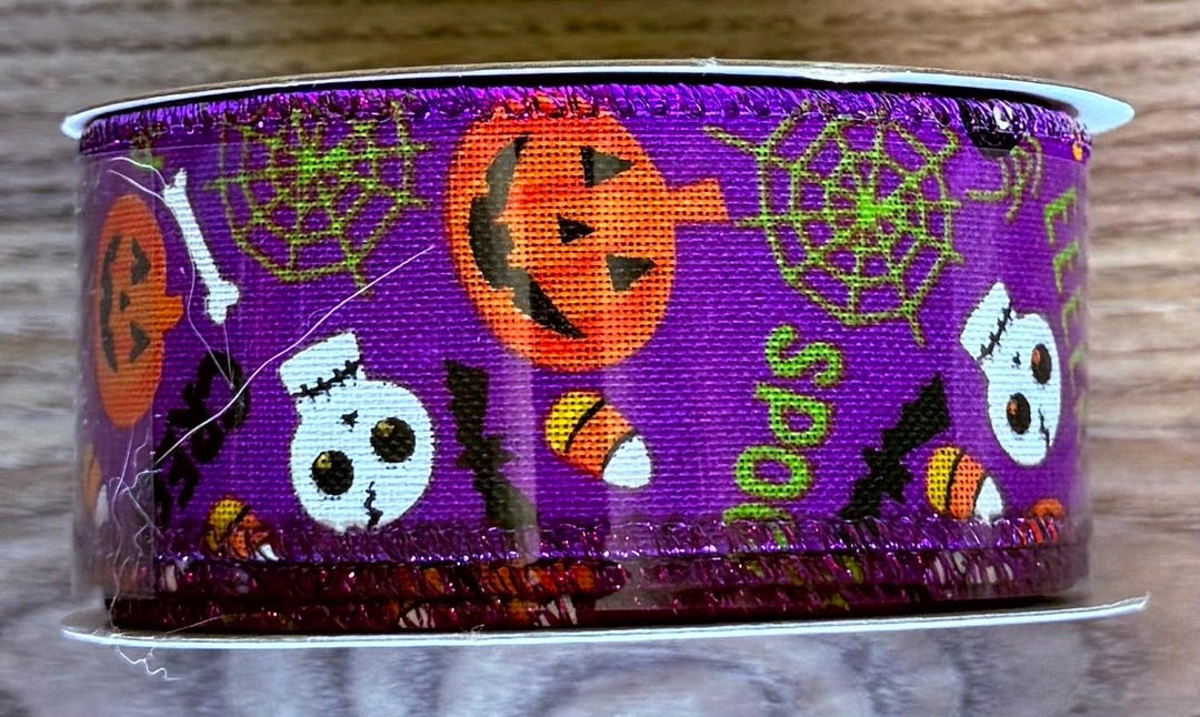 Pumpkin Ribbon Rhinestone 1.5” Halloween Wired Ribbon – Purple Ribbon With Pumpkins, Candy Corn ...
