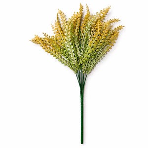 May include: A bundle of artificial greenery with a green stem. The leaves transition from yellow to green, creating a natural look. Ideal for floral arrangements or home decor.