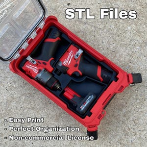 May include: A red plastic tool storage insert for a Milwaukee case, containing a drill, an impact driver, and a battery. The text reads: STL Files, Easy Print, Perfect Organization, Non-commercial License. The insert is designed for power tools.