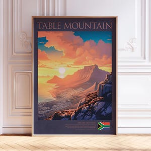 Table Mountain Print | Cape Town Travel Art | South Africa Poster | Vintage Landscape Art | Mountain Sunset Decor | Digital Download