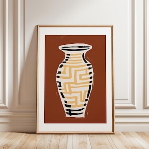Impresión artística digital de jarrón de terracota abstracto, decoración de pared neutra bohemia moderna para sala de estar minimalista o pared de galería en tonos tierra.
