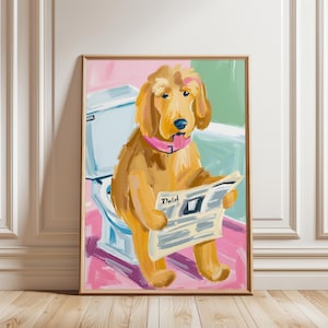 Funny Dog Bathroom Wall Art – Dog Sitting on Toilet with Newspaper Printable | Whimsical Pet Humor Poster for Funny Bathroom Decor