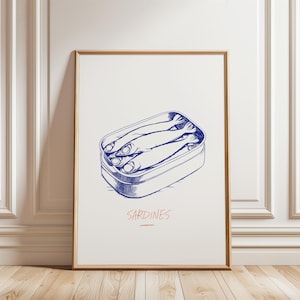 Vintage Sardine Print, Hand Drawn Canned Fish Poster, Mediterranean Wall Decor, Line Art Kitchen Download, Seafood Humor Art