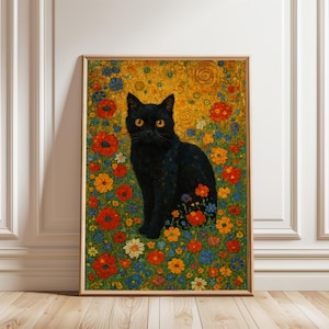 Gustav Klimt Inspired Black Cat Print – Floral Cat Wall Art – Funny Cat Poster – Whimsical Cat Lover Gift – Vibrant Home Decor