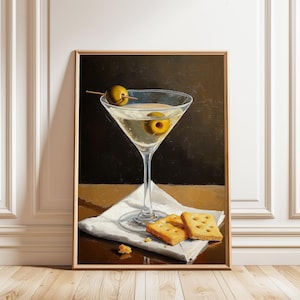 Martini Cocktail Art Print, Bar Cart Wall Decor, Vintage Olive Drink Poster, Elegant Alcohol Illustration, Digital Download