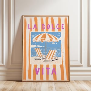 La Dolce Vita Strand Druck, Retro italienische Küsten Kunst, Sommer Wanddekoration, Mediterran Gestreift Poster, Seaside Lounge Vibe