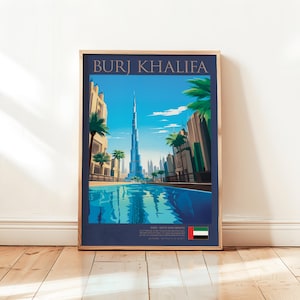 Burj Khalifa Print, Dubai Travel Poster, UAE Wall Art, Modern Dubai Decor, Retro Cityscape Poster, Digital Skyline Print, Dubai Wall Art