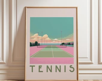 Pastel Tennis Court Wall Art, Vintage Sports Print, Pink and Green Poster, Stylish Sport Decor, Maximalist Trendy Room Accent