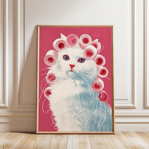 Retro Fancy Cat Art Print with Hair Rollers – Funny Cat Bathroom Wall Decor for Pet Lovers, Preppy Y2K Dopamine Apartment Aesthetic