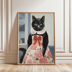 Quirky Black Cat Art Print | Cat in Pink Floral Dress Printable Wall Art, Whimsical Anthro Portrait, Instant Digital Download