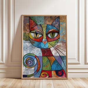 Colorful Abstract Cat Poster  Modern Cubist Feline Wall Art | Vibrant Mosaic Style Digital Print | Whimsical Animal Decor | Instant Download