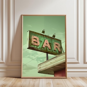 Vintage print neonbar, retro americana muurkunst voor thuisbar of keuken, poster groene neonbar, digitale download