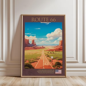 Route 66 Travel Poster, USA Road Trip Art, Vintage Highway Print, American Southwest Decor, Desert Landscape Wall Art, Digital Download
