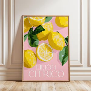 Lámina artística de limón cítrico / Póster de frutas moderno / Decoración de pared de cocina rosa / Ilustración de limón español / Arte mural de comida fresca