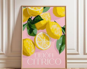 Citrus Lemon Art Print | Modern Fruit Poster | Pink Kitchen Wall Decor | Spanish Lemon Illustration | Fresh Food Wall Art