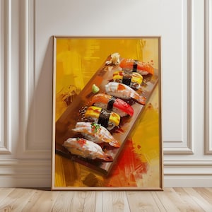 Modern Sushi Art Print, Japanese Cuisine Poster, Vibrant Kitchen Wall Decor, Trendy Food Illustration, Funky Sushi Art