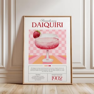 Koktajl truskawkowy daiquiri wydruk artystyczny, dekoracja retro różowego wózka barowego, modna sztuka ścienna do kuchni, przepis na drinka w stylu vintage, pobieranie cyfrowe