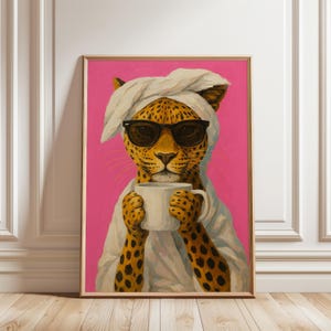 Printable Wall Art, Leopard Drinking Coffee Digital Print, Funny Animal Bathroom Decor, Maximalist Cat Poster, Bold Trendy Kitchen Art