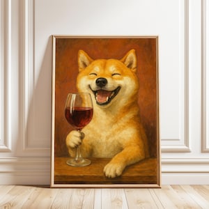 Lámina de vino de Shiba Inu: arte mural divertido para amantes de las mascotas, póster retro de bebidas, ilustración de un lindo Shiba Inu sosteniendo una copa de vino.