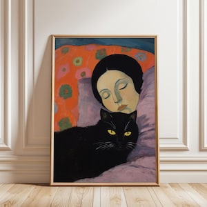 Sleeping Woman with Black Cat Print | Cozy Vintage Bedroom Art | Romantic Figurative Wall Art | Dreamy Cat Lover Decor | Digital Download