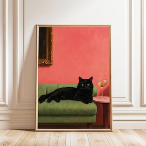 マティーニを持った黒猫のポスター | 気まぐれなカクテルアートプリント | バーカートの装飾 | トレンディな猫の壁アート | 風変わりなカクテルポスター