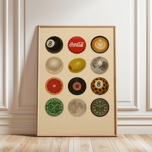 Funky Vintage Circle Print – Retro estetyczny plakat kolażowy – 8 Ball, Disco Ball, Latte, sztuka winylowa – Modny wystrój ścienny w akademiku – Sztuka cyfrowa