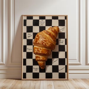 Croissant Wall Art, French Breakfast Print, Vintage Kitchen Poster, Checkered Bakery Decor, Trendy Cafe Illustration, Digital Download