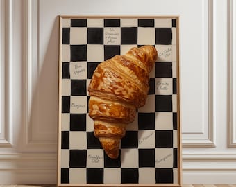 Croissant Wall Art, French Breakfast Print, Vintage Kitchen Poster, Checkered Bakery Decor, Trendy Cafe Illustration, Digital Download