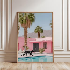 Pink Aesthetic Wall Art, Palm Springs Retro Print, Black Panther Poolside, Mid-Century Modern Decor, Trendy Minimalist Art, Digital Download