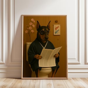 Funny Dog Bathroom Print, Doberman Wall Art, Toilet Humor Decor, Quirky Pet Poster, Japanese Dog Illustration, Digital Download Art