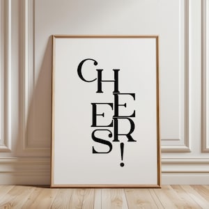 Proost typografieprint, minimalistische cocktailmuurkunst, modern zwart-wit decor, barwagenposter, trendy feestprint