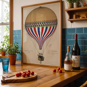 Antique Hot Air Balloon Printable Art | Le Tricolore French Aerostat Vintage Travel Poster | Historic Aviation Wall Decor | Digital Download