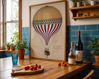 Antique Hot Air Balloon Printable Art | Le Tricolore French Aerostat Vintage Travel Poster | Historic Aviation Wall Decor | Digital Download