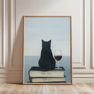 ワイン猫のポスター、面白いバーカートのデコレーション、本とワイングラス付きのレトロなペットの肖像画、猫好きやお酒好きのための黒猫の壁アート