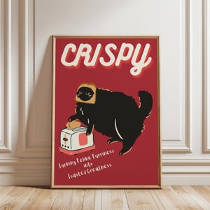 Funny Cat Meme Poster, Crispy Toaster Cat Print, Retro Feline Humor Wall Art, Absurd Kitchen Decor, Toasted Kitty Illustration