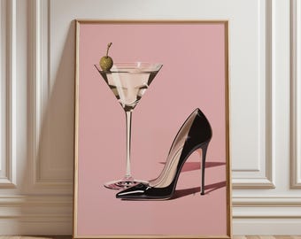 Pink Martini Print, Black Heels Fashion Poster, Cocktail Wall Art for Bar Cart, Party Girl Decor, Instant Download, Dopamine Decor